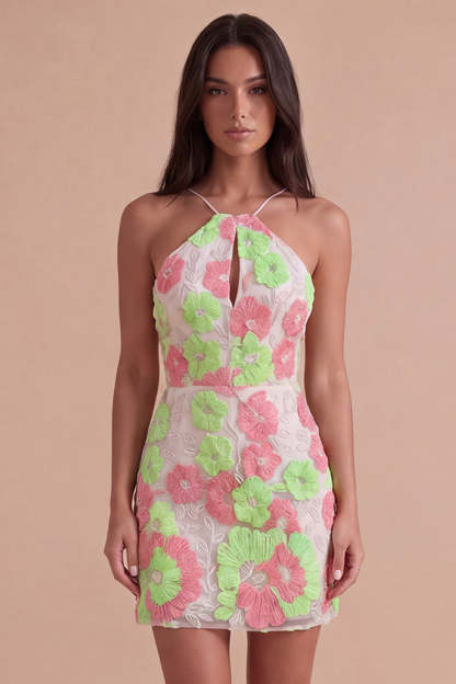 Leely Women Sparkly Pink and Green Floral Short Homecoming Dress Bodycon Keyhole Embroidered Halter Cocktail Dress