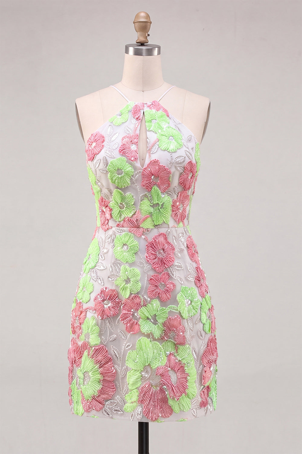 Sparkly Pink and Green Floral Halter Short Homecoming Dress