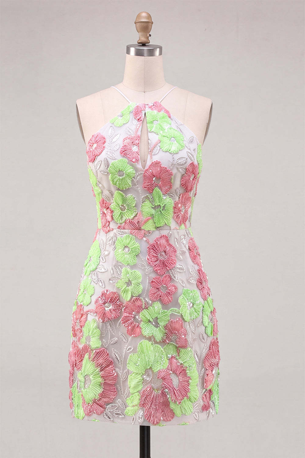 Sparkly Pink and Green Floral Halter Short Homecoming Dress