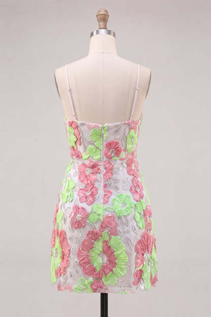 Sparkly Pink and Green Floral Halter Short Homecoming Dress