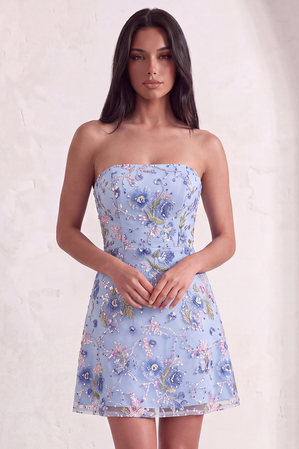 Pink Sparkly Floral Beaded Strapless Sequin Short Homecoming Dress