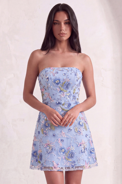 Pink Sparkly Floral Beaded Strapless Sequin Short Homecoming Dress