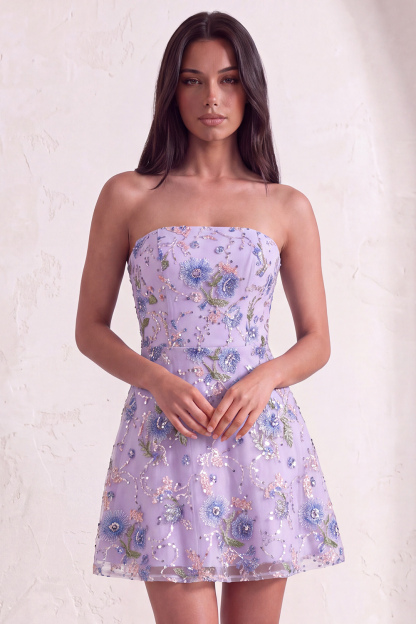 Pink Sparkly Floral Beaded Strapless Sequin Short Homecoming Dress