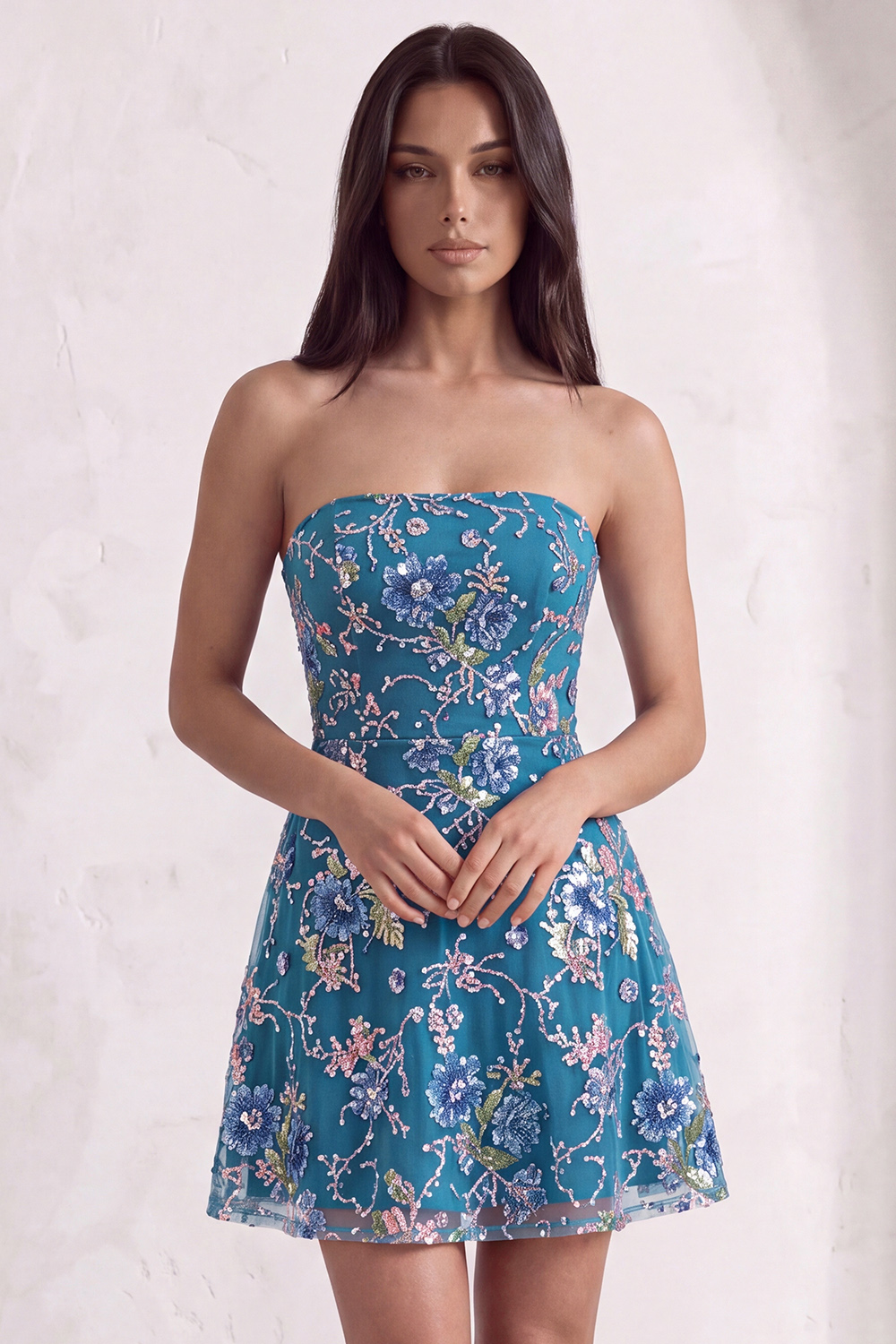Pink Sparkly Floral Beaded Strapless Sequin Short Homecoming Dress