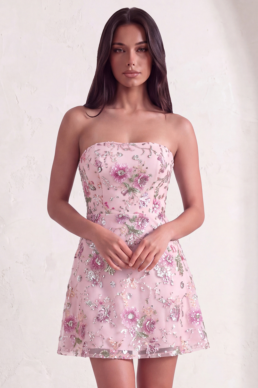 Pink Sparkly Floral Beaded Strapless Sequin Short Homecoming Dress