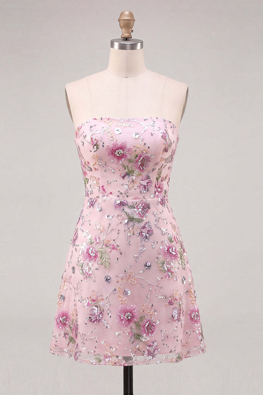 Pink Sparkly Floral Beaded Strapless Sequin Short Homecoming Dress