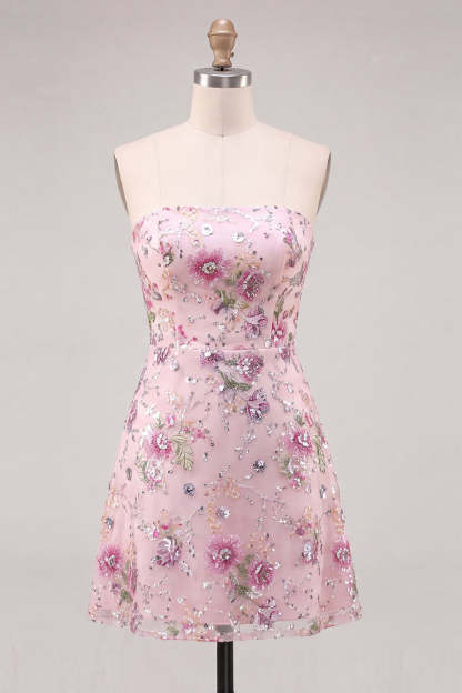 Pink Sparkly Floral Beaded Strapless Sequin Short Homecoming Dress