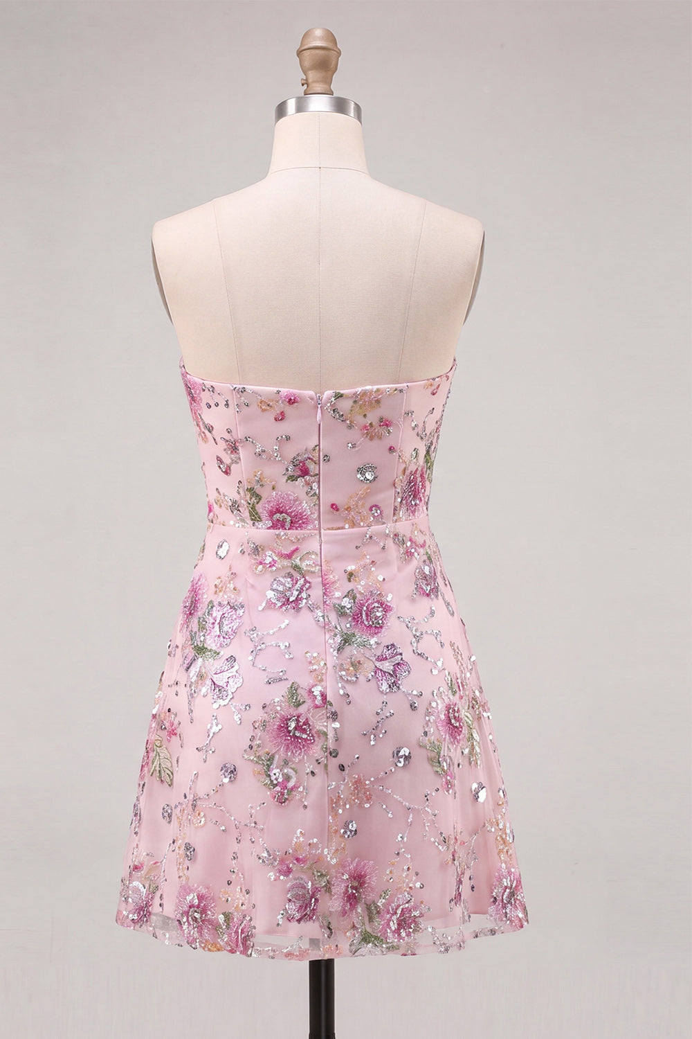 Pink Sparkly Floral Beaded Strapless Sequin Short Homecoming Dress