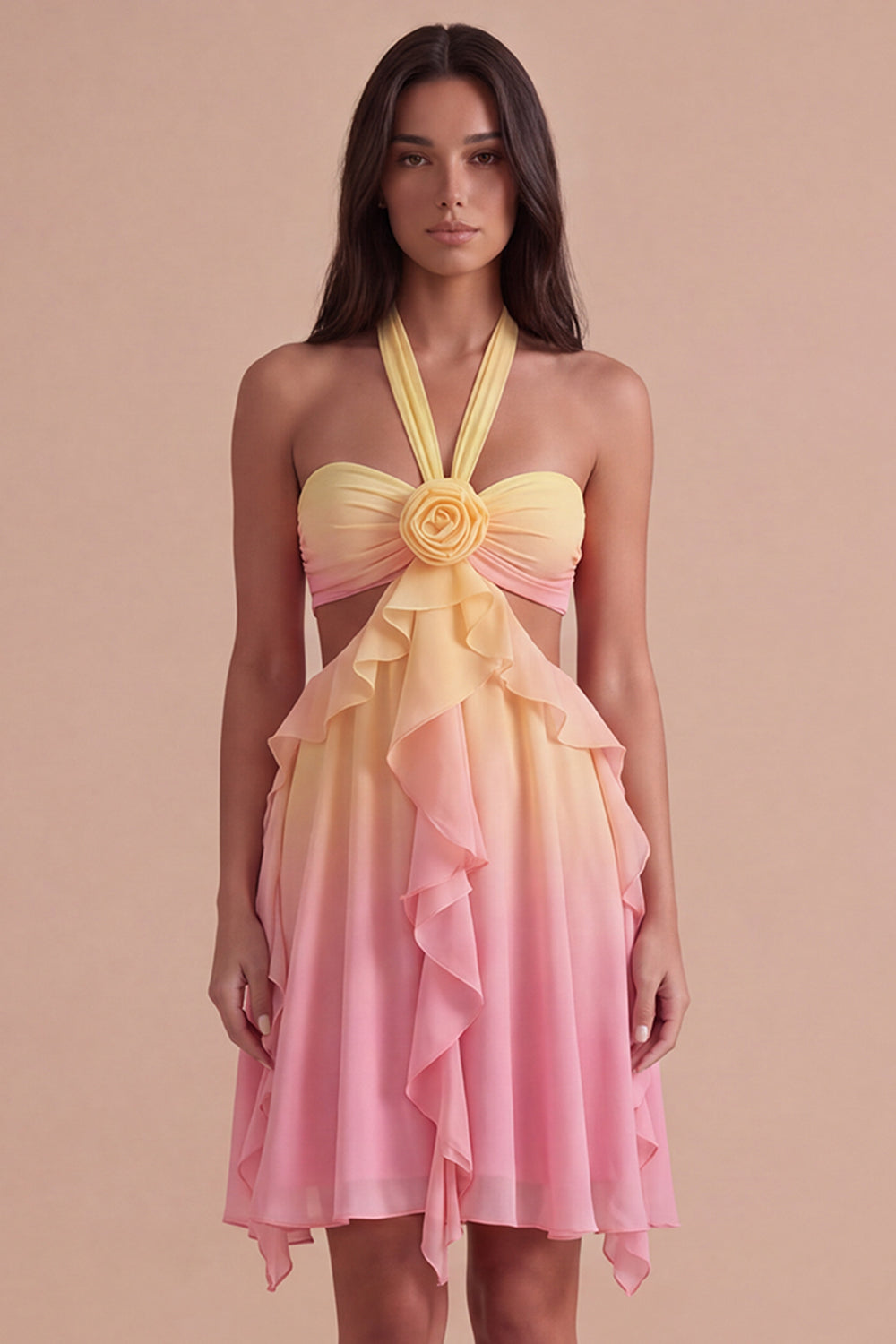 Yellow and Pink Ruffled Cut Out Short Homecoming Dress with 3D Flower