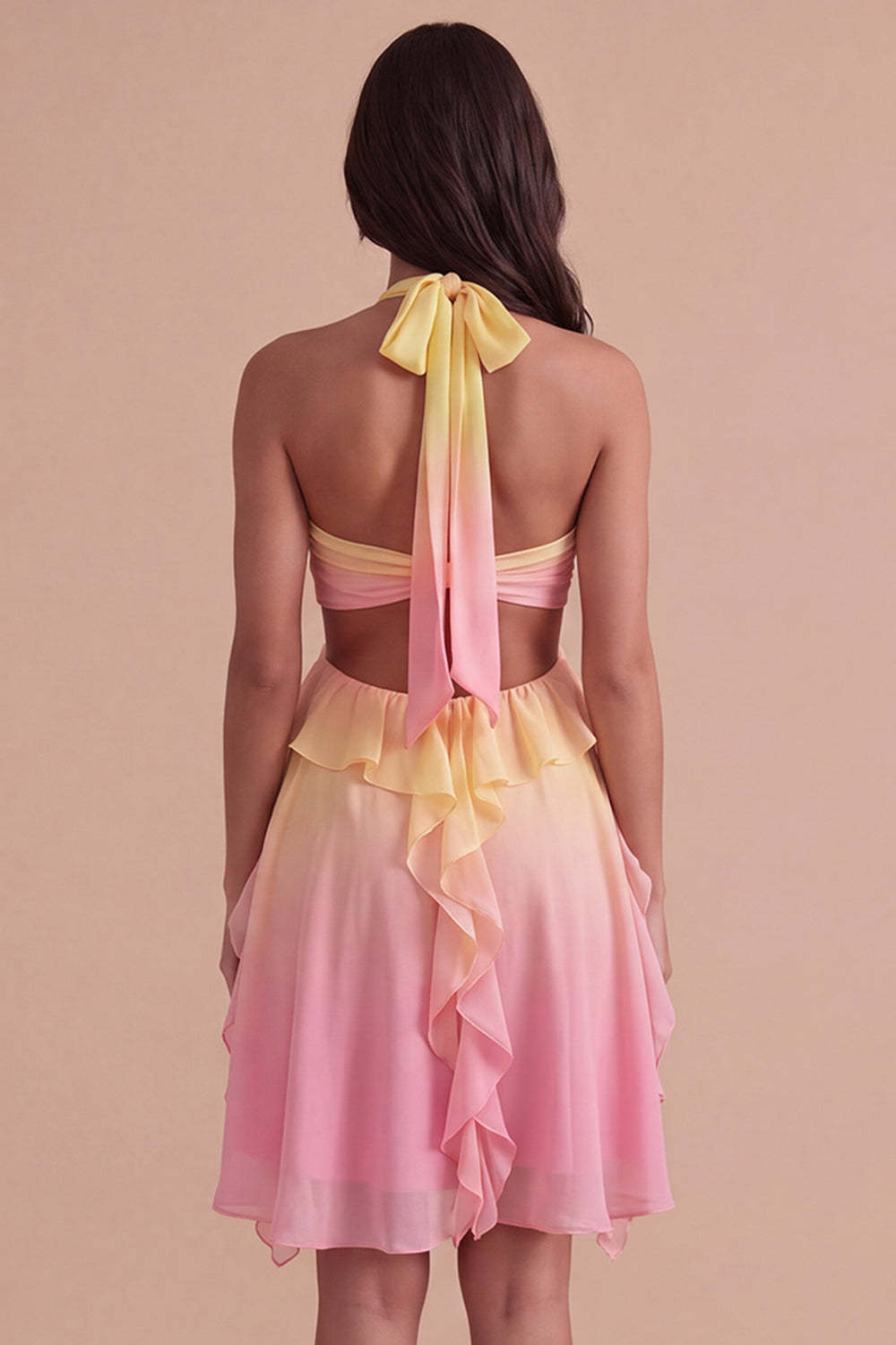 Yellow and Pink Ruffled Cut Out Short Homecoming Dress with 3D Flower