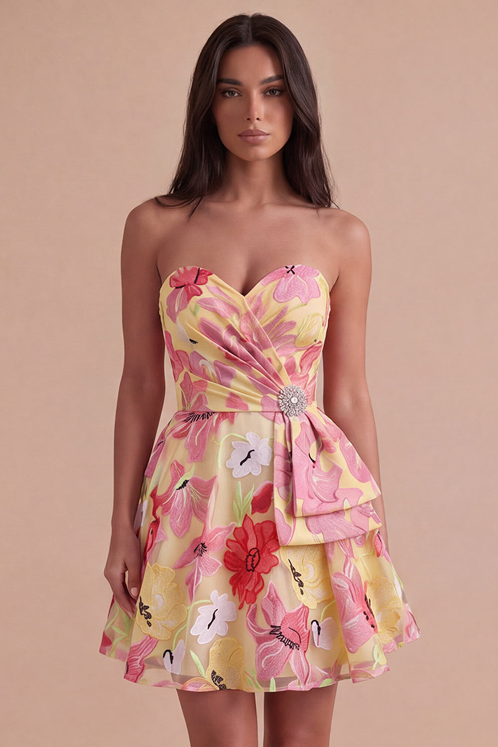 Floral Pink Sweetheart A Line Short Homecoming Dress with Sash