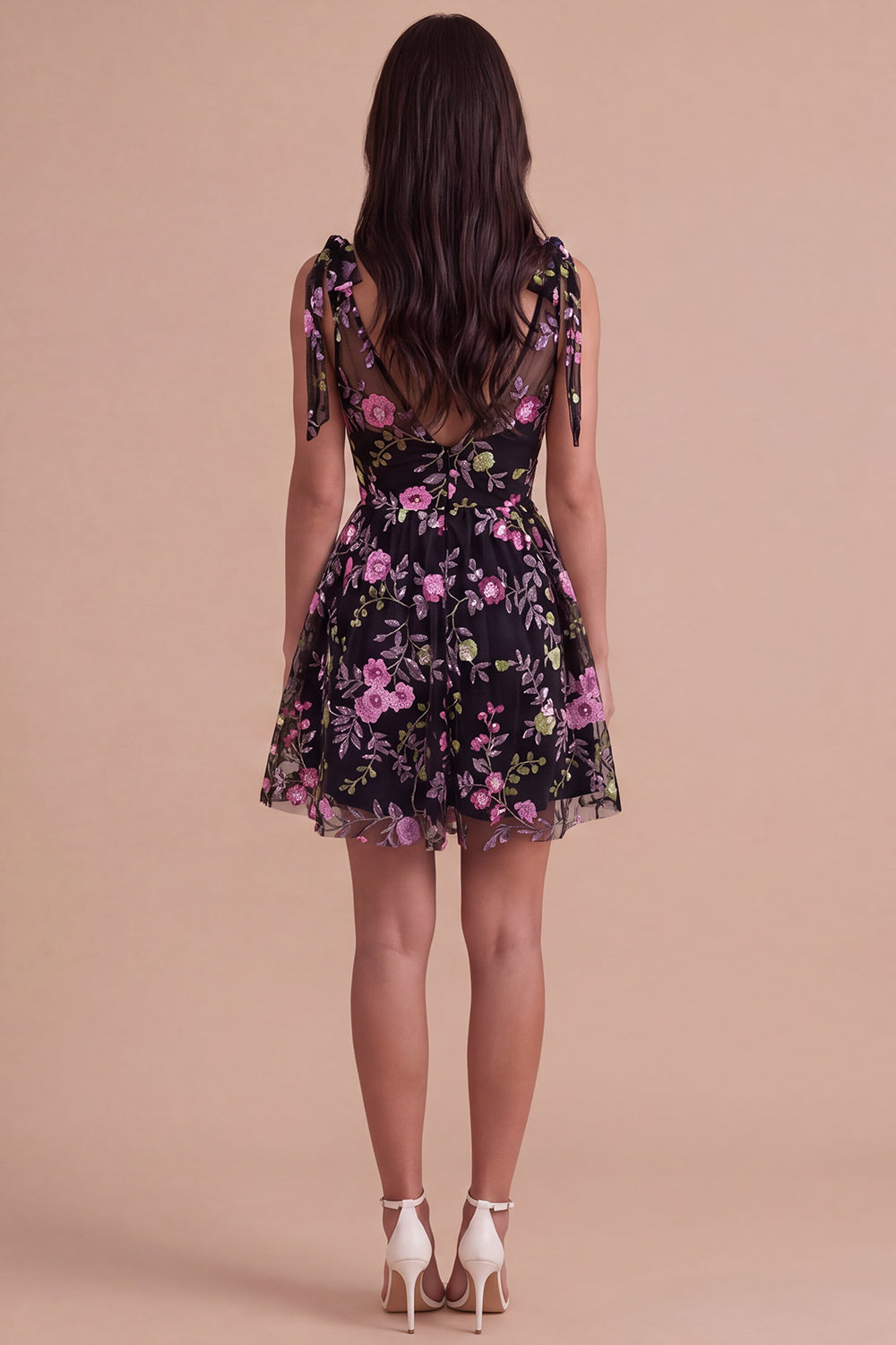 Black Floral V-Neck A Line Short Homecoming Dress