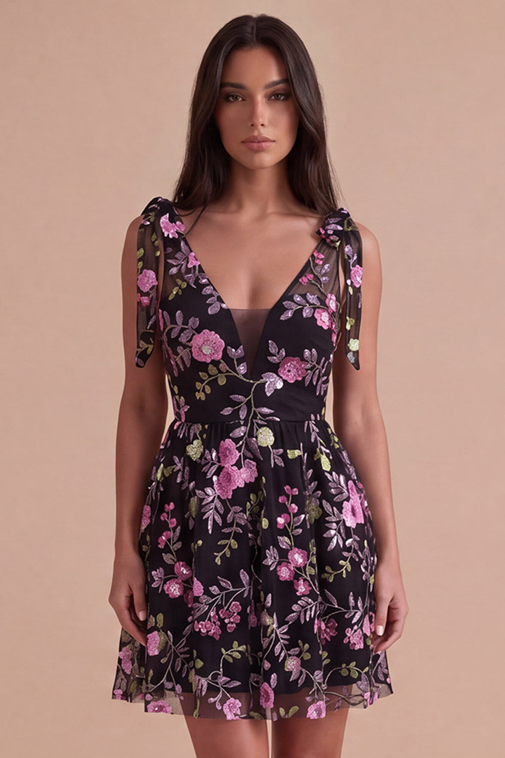 Black Floral V-Neck A Line Short Homecoming Dress