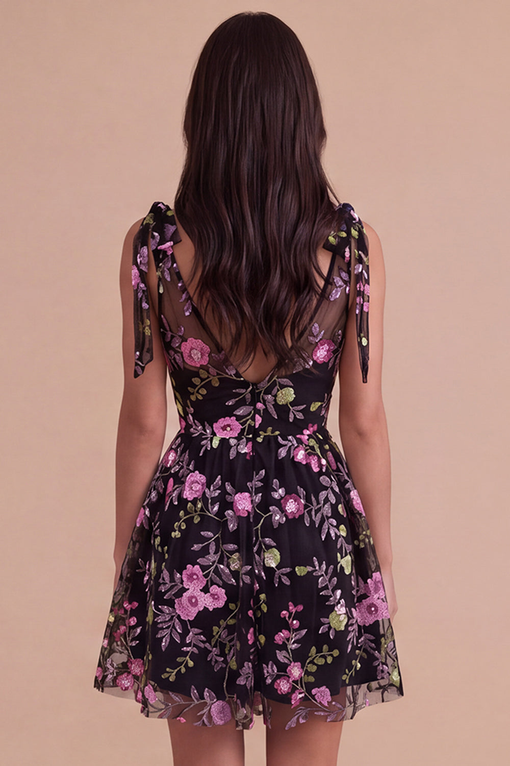 Black Floral V-Neck A Line Short Homecoming Dress
