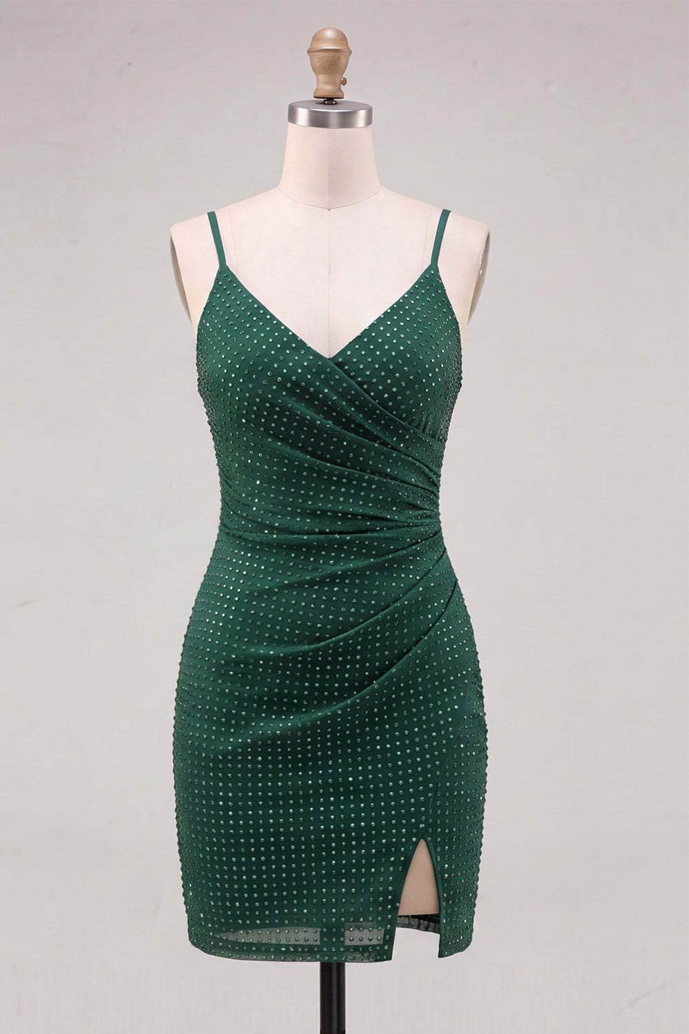 Sparkly Beaded Dark Green Short Homecoming Dress with Slit