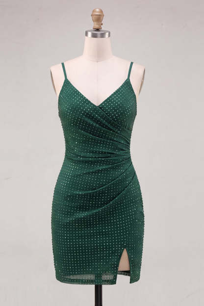 Sparkly Beaded Dark Green Short Homecoming Dress with Slit