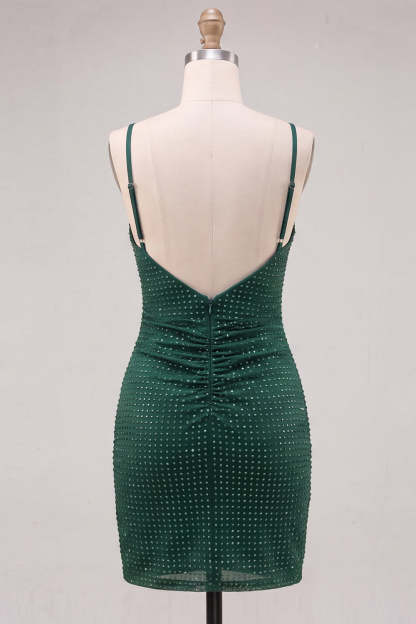 Sparkly Beaded Dark Green Short Homecoming Dress with Slit