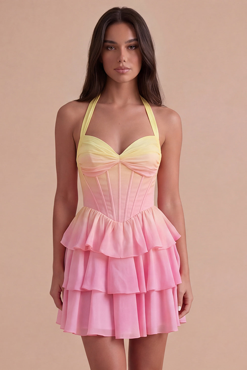 Yellow and Pink Corset Halter Ruffled Short Homecoming Dress