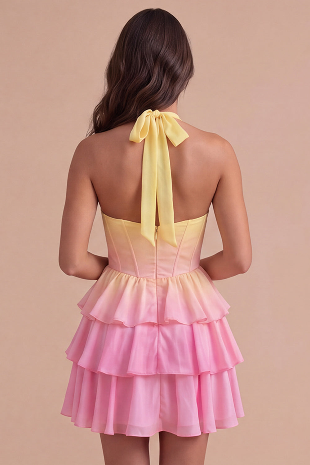 Yellow and Pink Corset Halter Ruffled Short Homecoming Dress