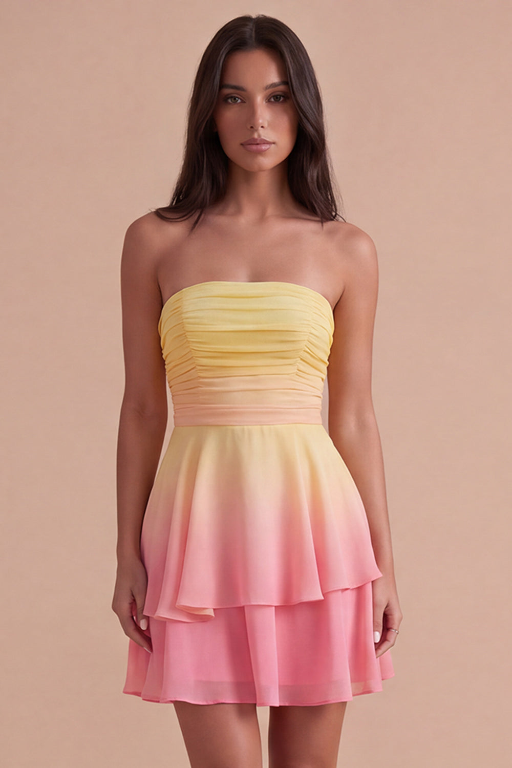 Yellow and Pink Ruched Ruffled Short Homecoming Dress