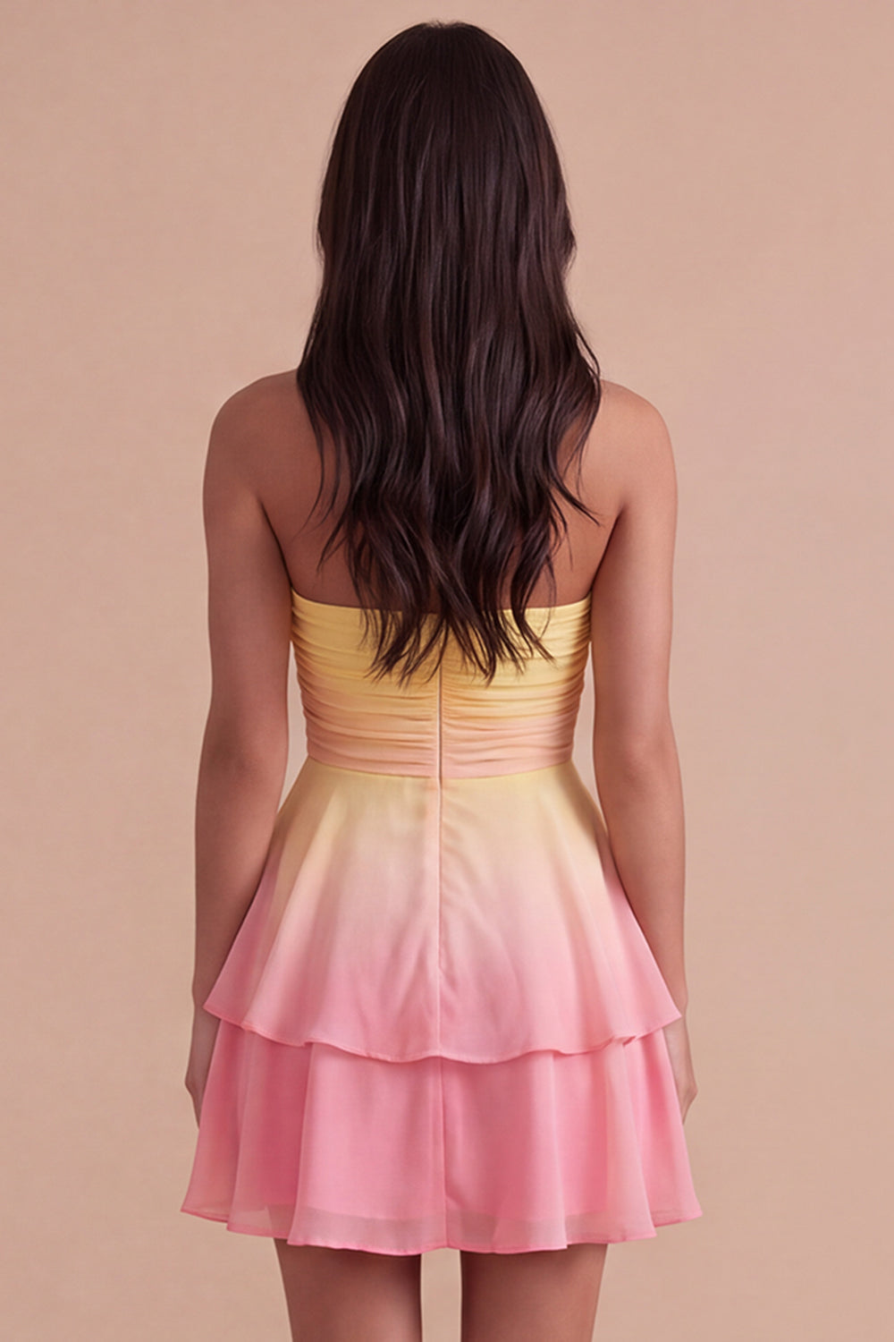 Yellow and Pink Ruched Ruffled Short Homecoming Dress