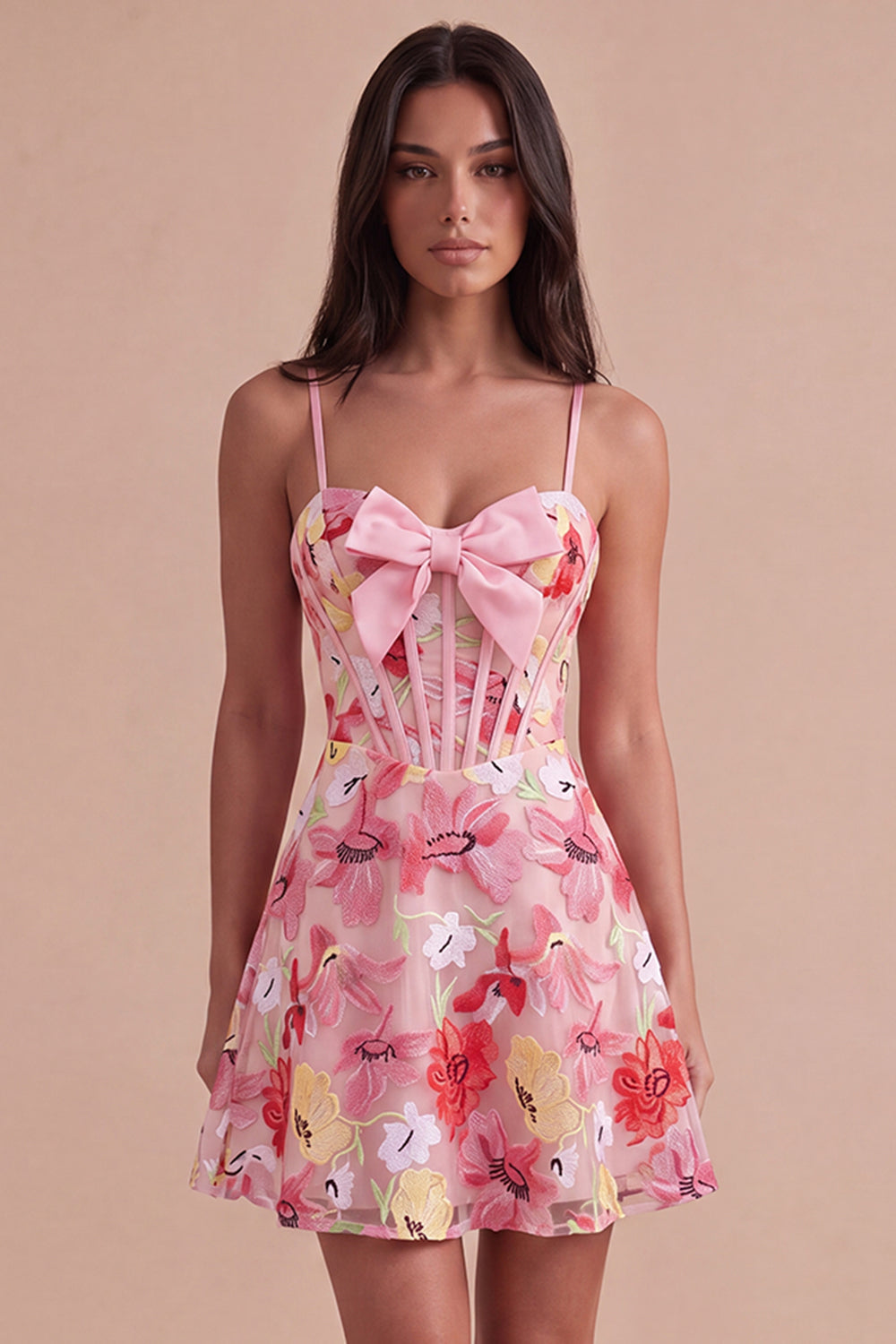 corset birthday dress Azalea Pastel Floral This fairy peach pink cocktail dress/birthday party dress features an illusion corset bodice with a sweetheart neckline Leely Women Pink Floral Corset