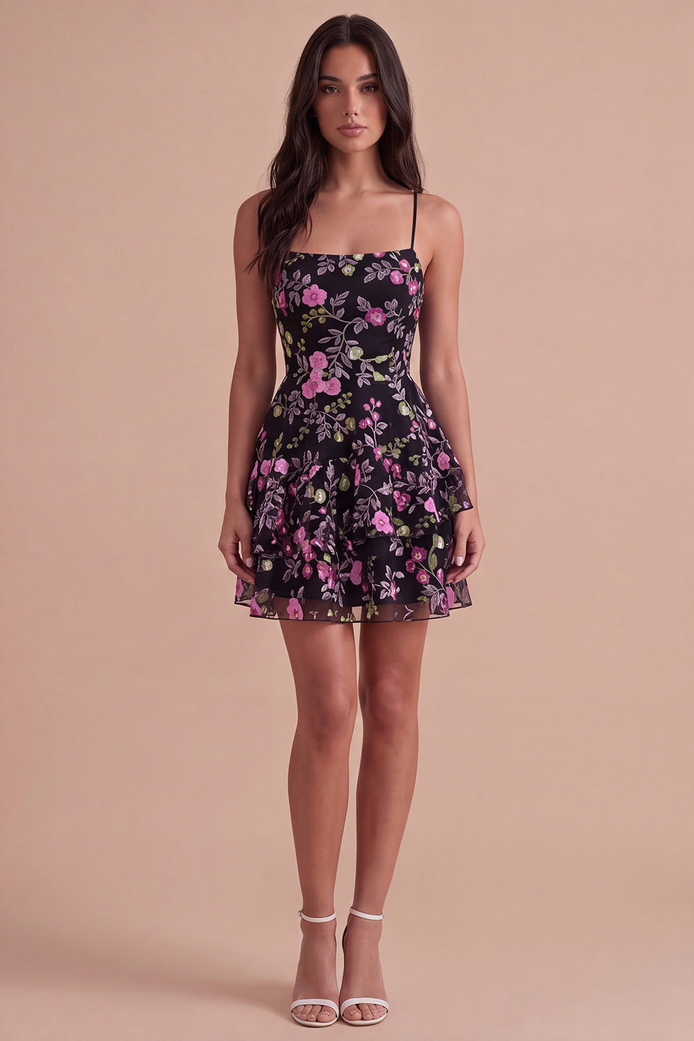 Black Floral Ruffled Spaghetti Straps Short Homecoming Dress