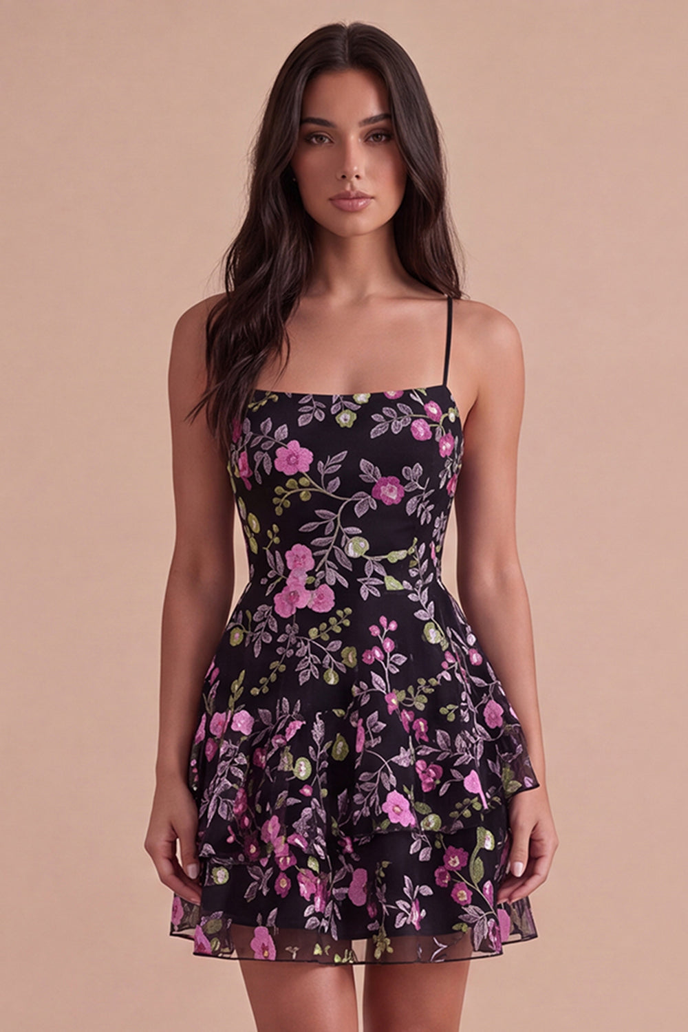 Black Floral Ruffled Spaghetti Straps Short Homecoming Dress