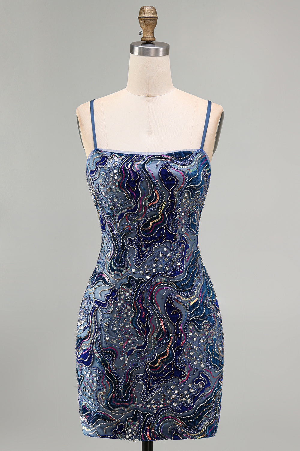 Sparkly Blue Bodycon Spaghetti Straps Beaded Short Homecoming Dress