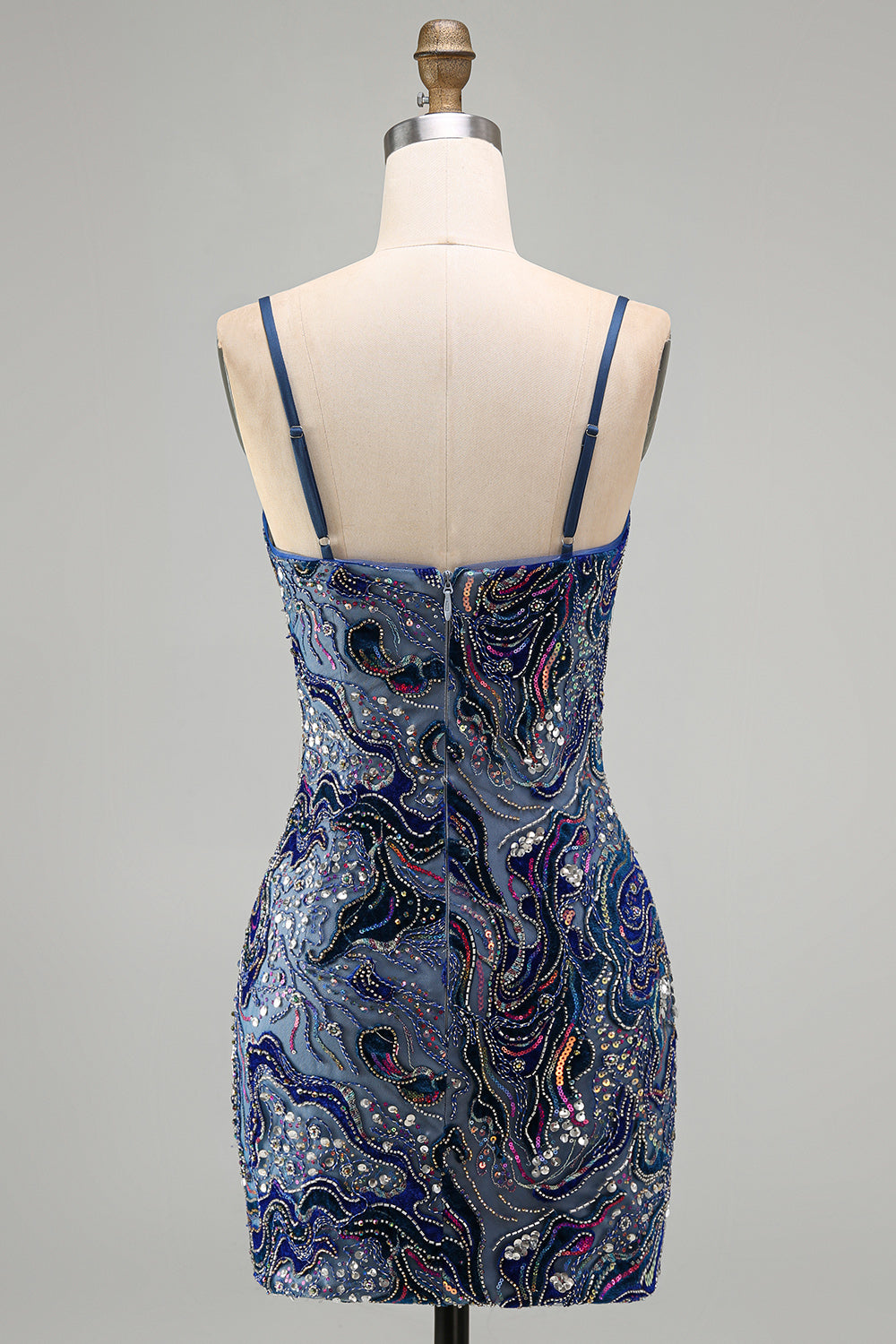 Sparkly Blue Bodycon Spaghetti Straps Beaded Short Homecoming Dress
