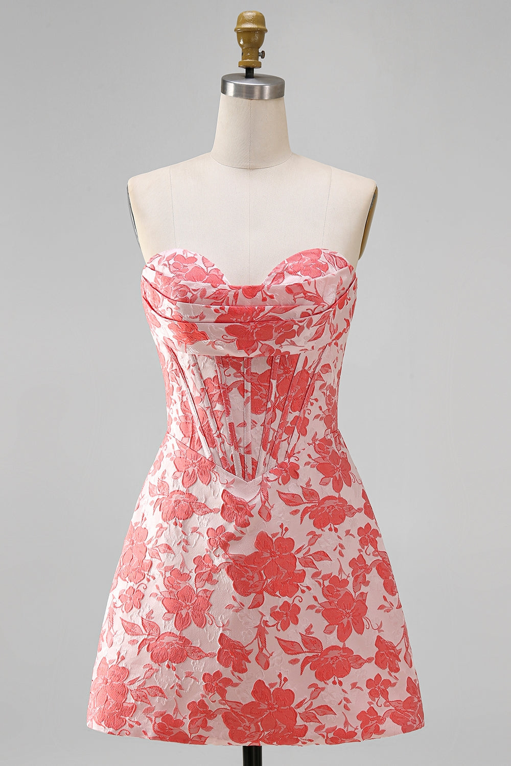 Red Corset Strapless Floral Short A-Line Homecoming Dress