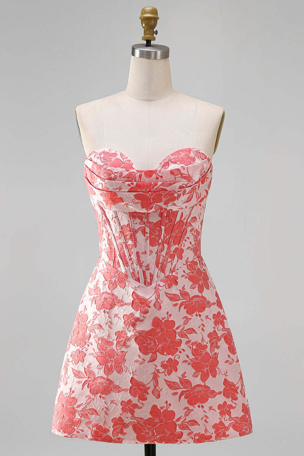 Red Corset Strapless Floral Short A-Line Homecoming Dress