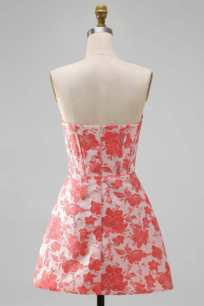 Red Corset Strapless Floral Short A-Line Homecoming Dress