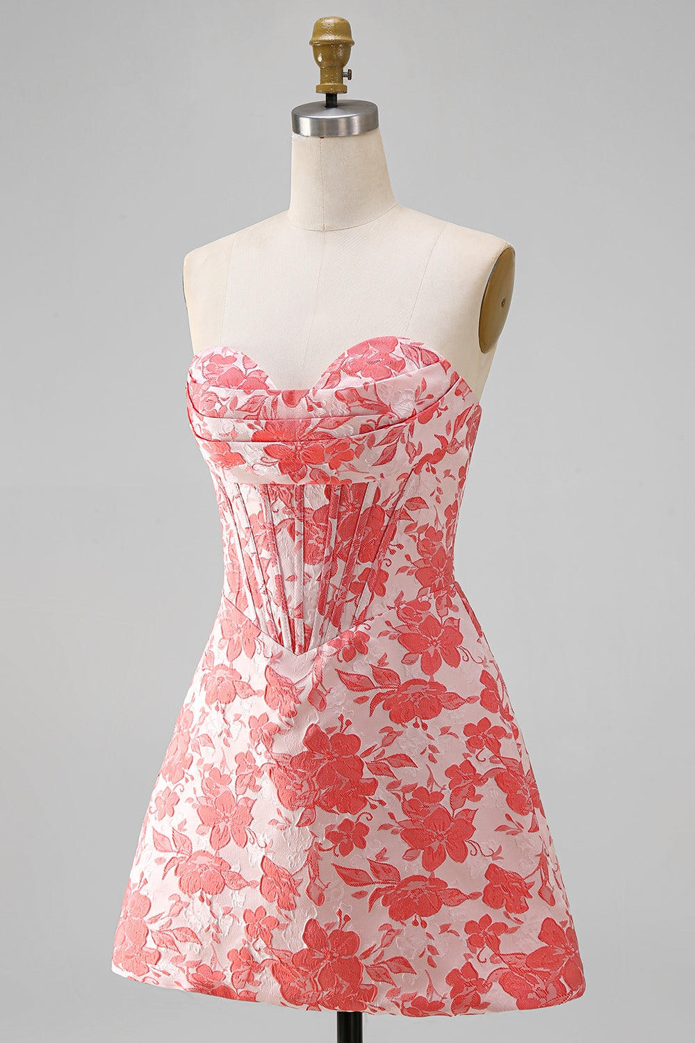 Red Corset Strapless Floral Short A-Line Homecoming Dress