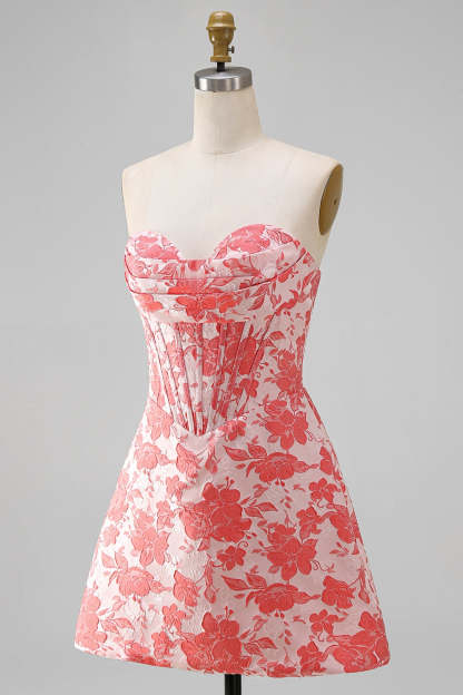 Red Corset Strapless Floral Short A-Line Homecoming Dress