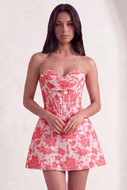 Leely Women Red Floral Corset Short Homecoming Dress A-Line Strapless Cocktail Dress
