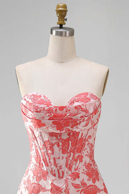 Red Corset Strapless Floral Short A-Line Homecoming Dress
