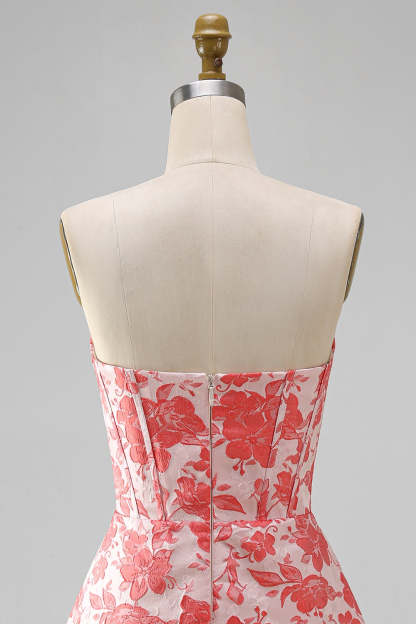 Red Corset Strapless Floral Short A-Line Homecoming Dress