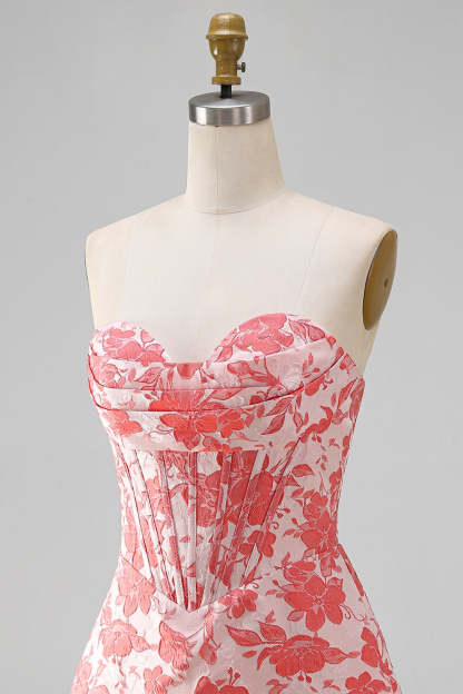 Red Corset Strapless Floral Short A-Line Homecoming Dress