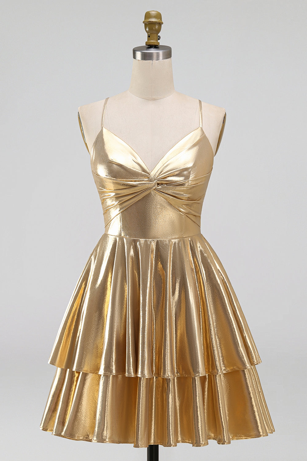 Gold Ruffled Tiered Spahetti Strapless Ruched Short Homecoming Dress
