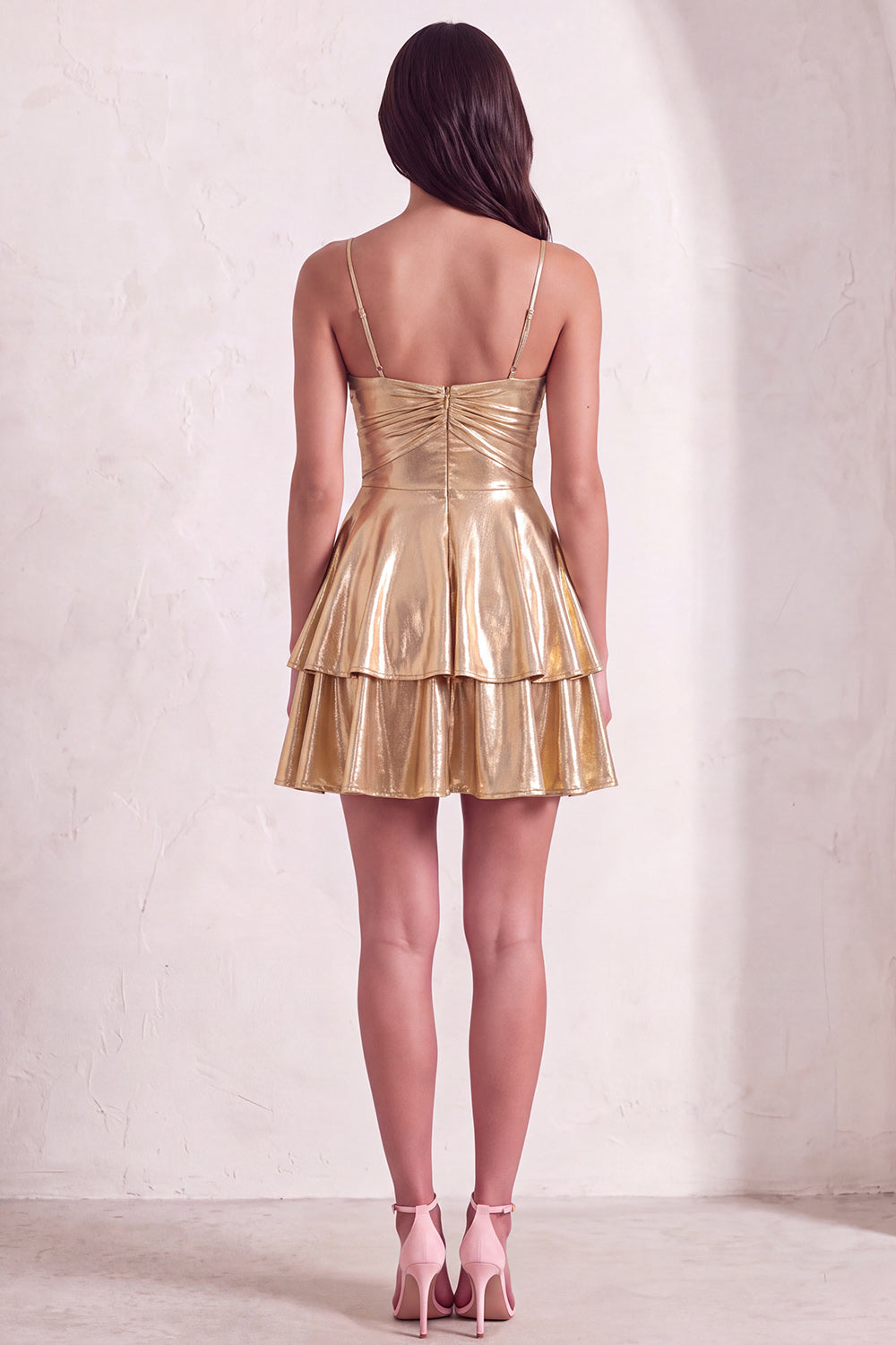 Gold Ruffled Tiered Spahetti Strapless Ruched Short Homecoming Dress