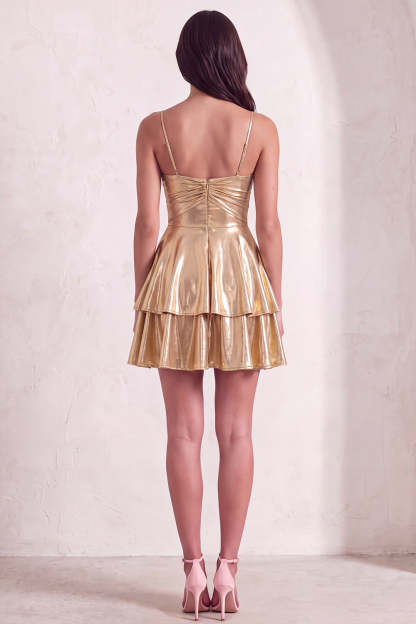Gold Ruffled Tiered Spahetti Strapless Ruched Short Homecoming Dress
