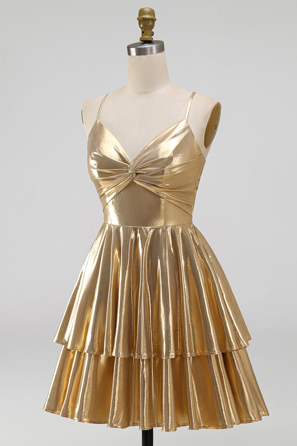 Gold Ruffled Tiered Spahetti Strapless Ruched Short Homecoming Dress