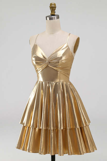 Gold Ruffled Tiered Spahetti Strapless Ruched Short Homecoming Dress