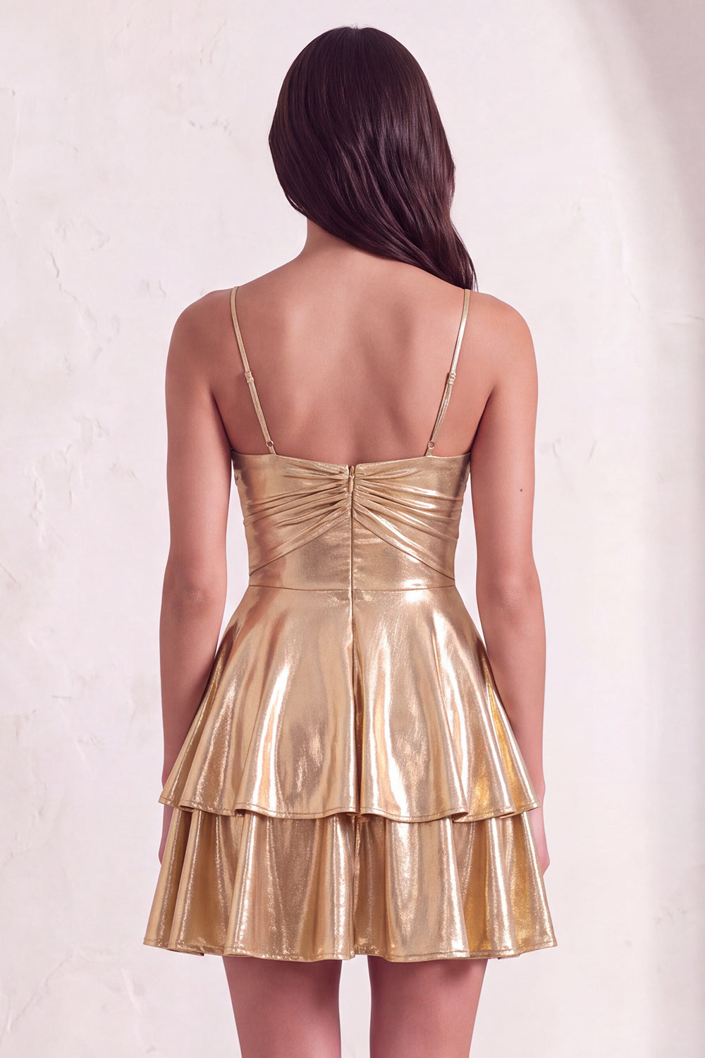 Gold Ruffled Tiered Spahetti Strapless Ruched Short Homecoming Dress