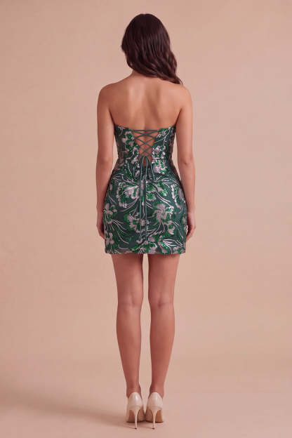 Sparkly Dark Green Bodycon Floral Strapless Sequins Short Homecoming Dress