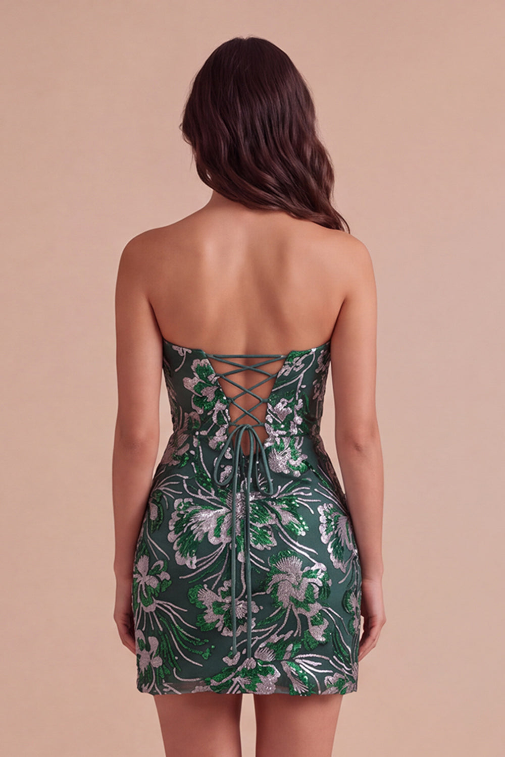 Sparkly Dark Green Bodycon Floral Strapless Sequins Short Homecoming Dress