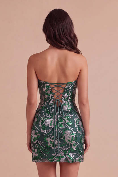 Sparkly Dark Green Bodycon Floral Strapless Sequins Short Homecoming Dress