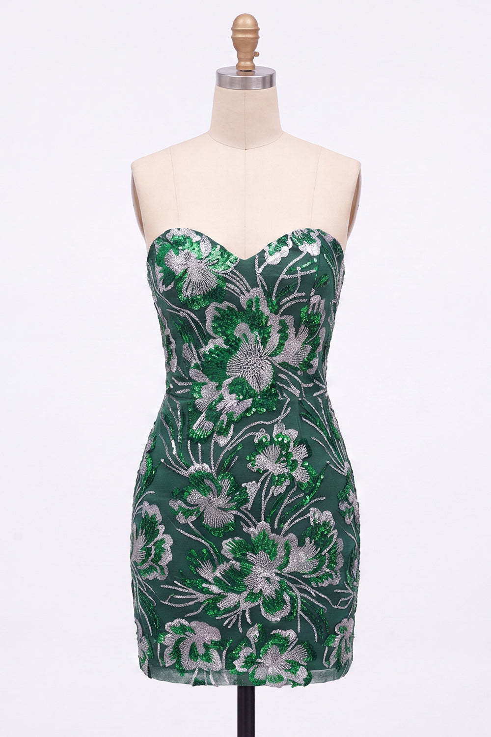Sparkly Dark Green Bodycon Floral Strapless Sequins Short Homecoming Dress