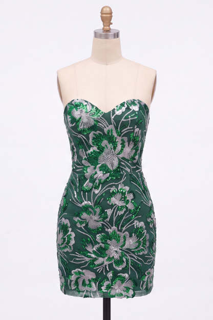 Sparkly Dark Green Bodycon Floral Strapless Sequins Short Homecoming Dress
